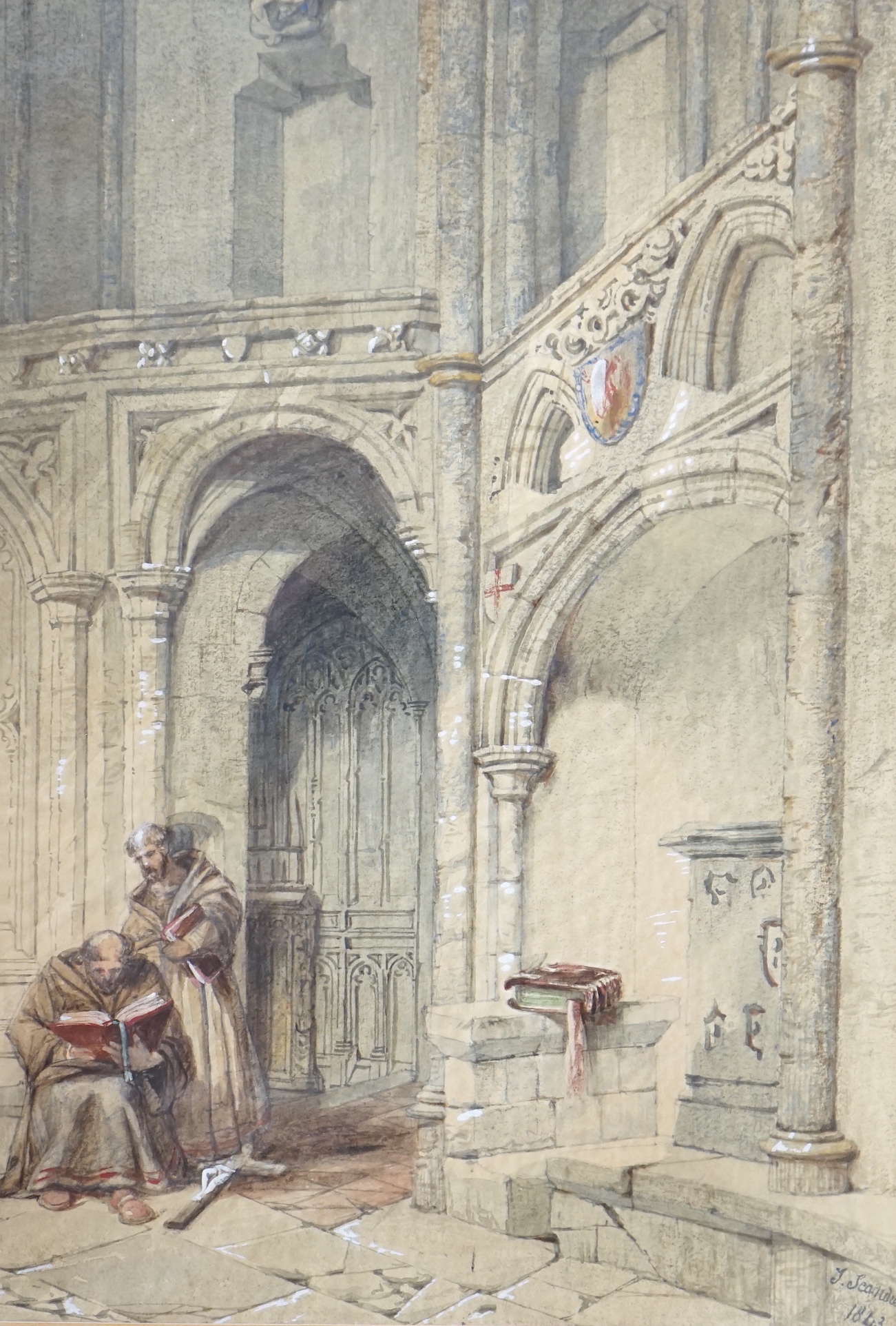 Thomas Scandrett (1797-1870), heightened watercolour, Two monks in an ecclesiastical setting, signed and dated 1843, 34 x 24cm
